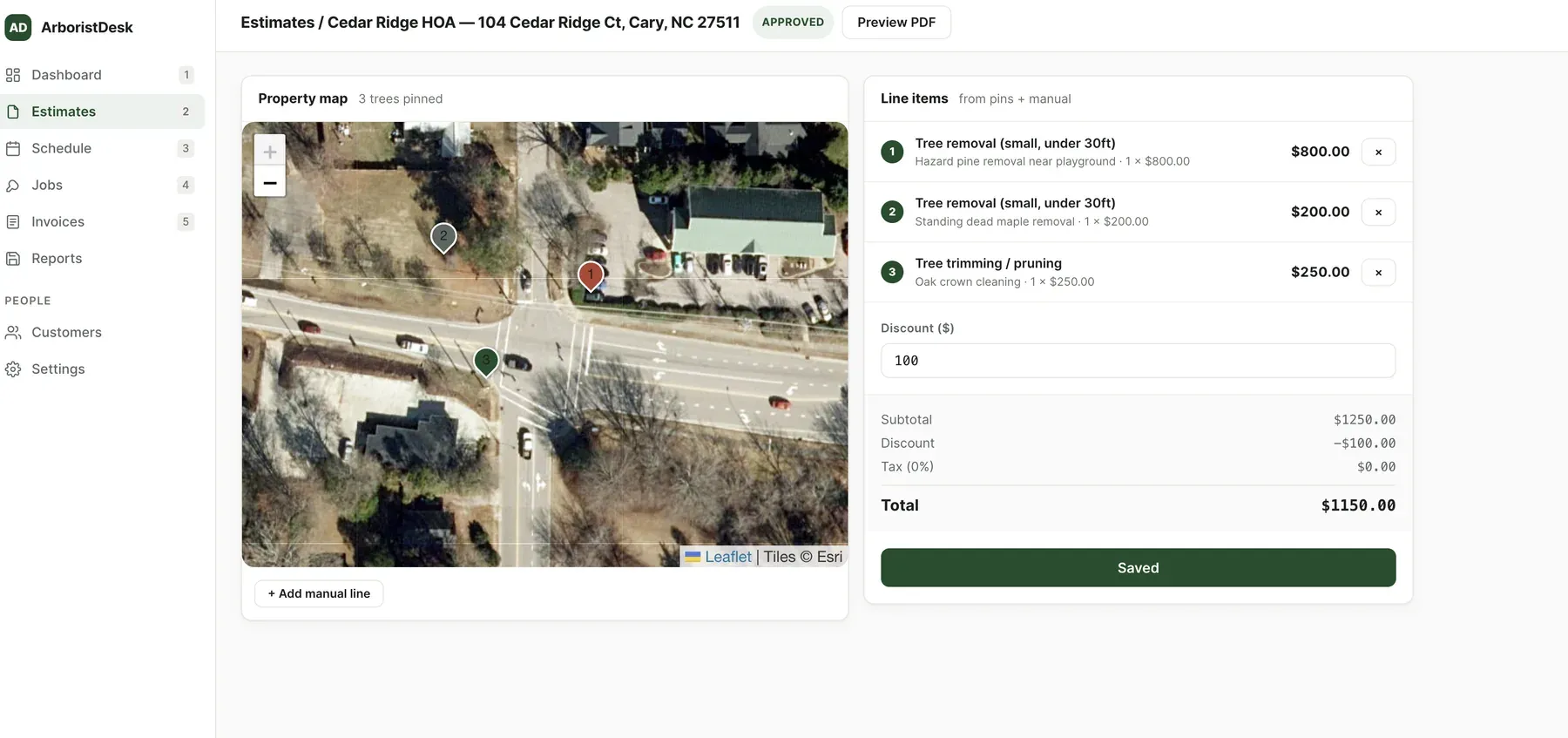 ArboristDesk estimate builder showing a property map with tree pins and priced line items for Cedar Ridge HOA