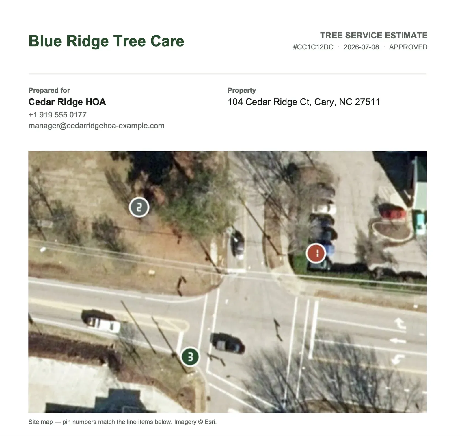 Client-facing PDF estimate from ArboristDesk with the property map embedded, ready to send