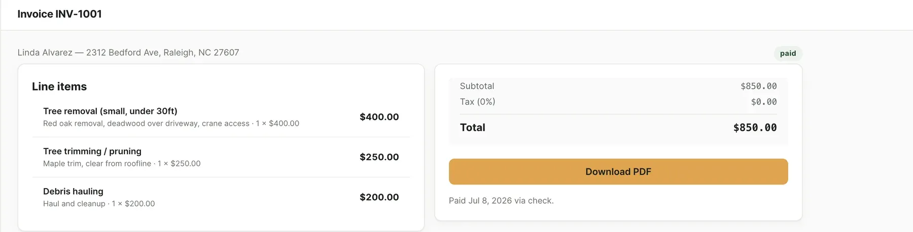 ArboristDesk invoice INV-1001 for Linda Alvarez, line items with total and a Download PDF button, marked paid