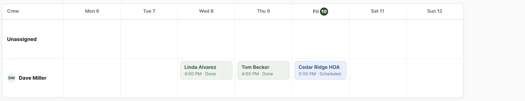 ArboristDesk crew schedule, week view, showing jobs assigned to a crew by day with color-coded status