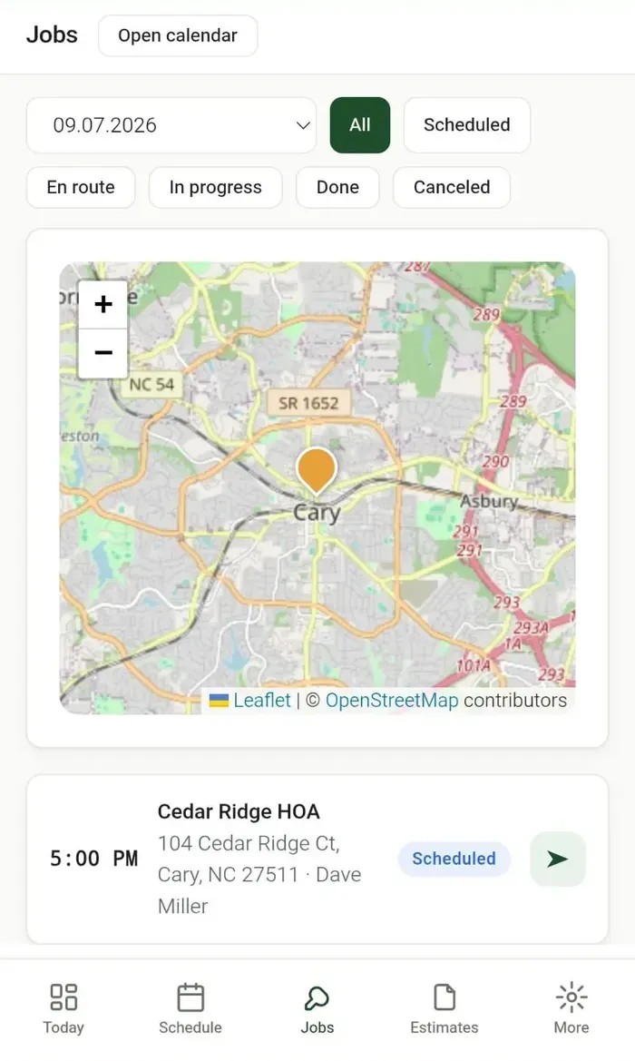 ArboristDesk mobile app on a phone, showing today's jobs and a map pin for the next stop