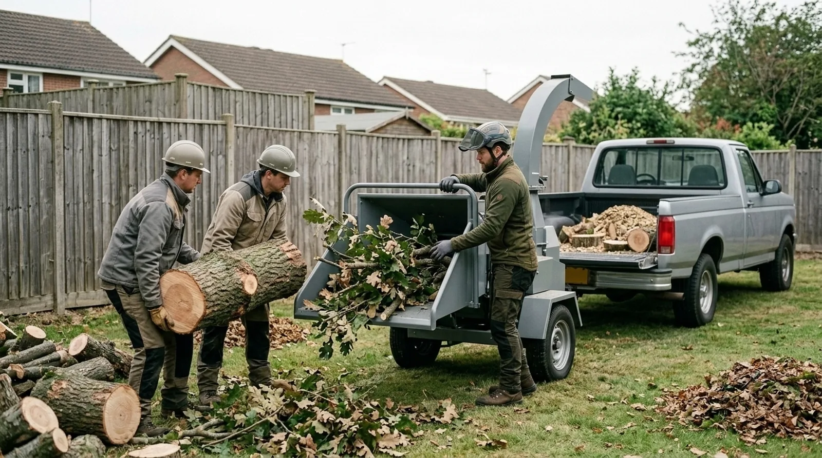 Crew handling disposal and haul-away during a tree removal job