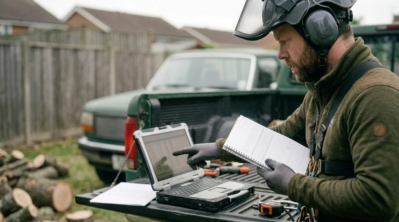 Tree service owner reviewing job costs after a completed job