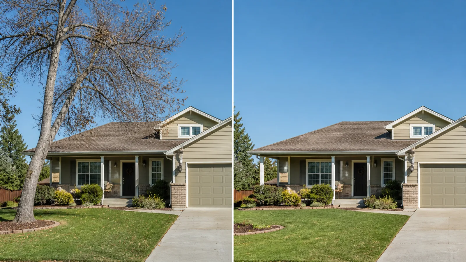 Before and after photos of a completed tree removal job.