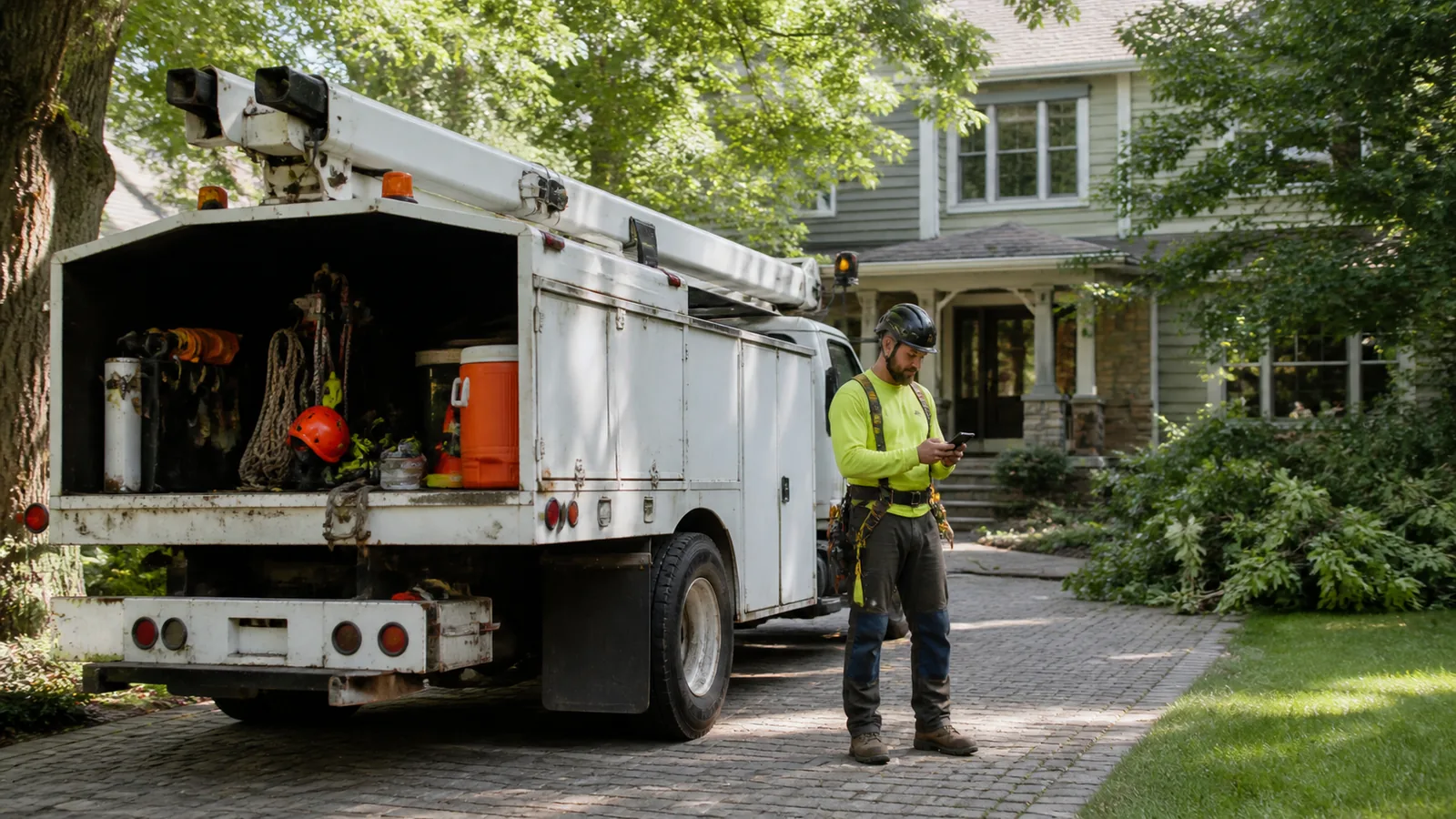 Tree service crew member checking their phone between jobs.